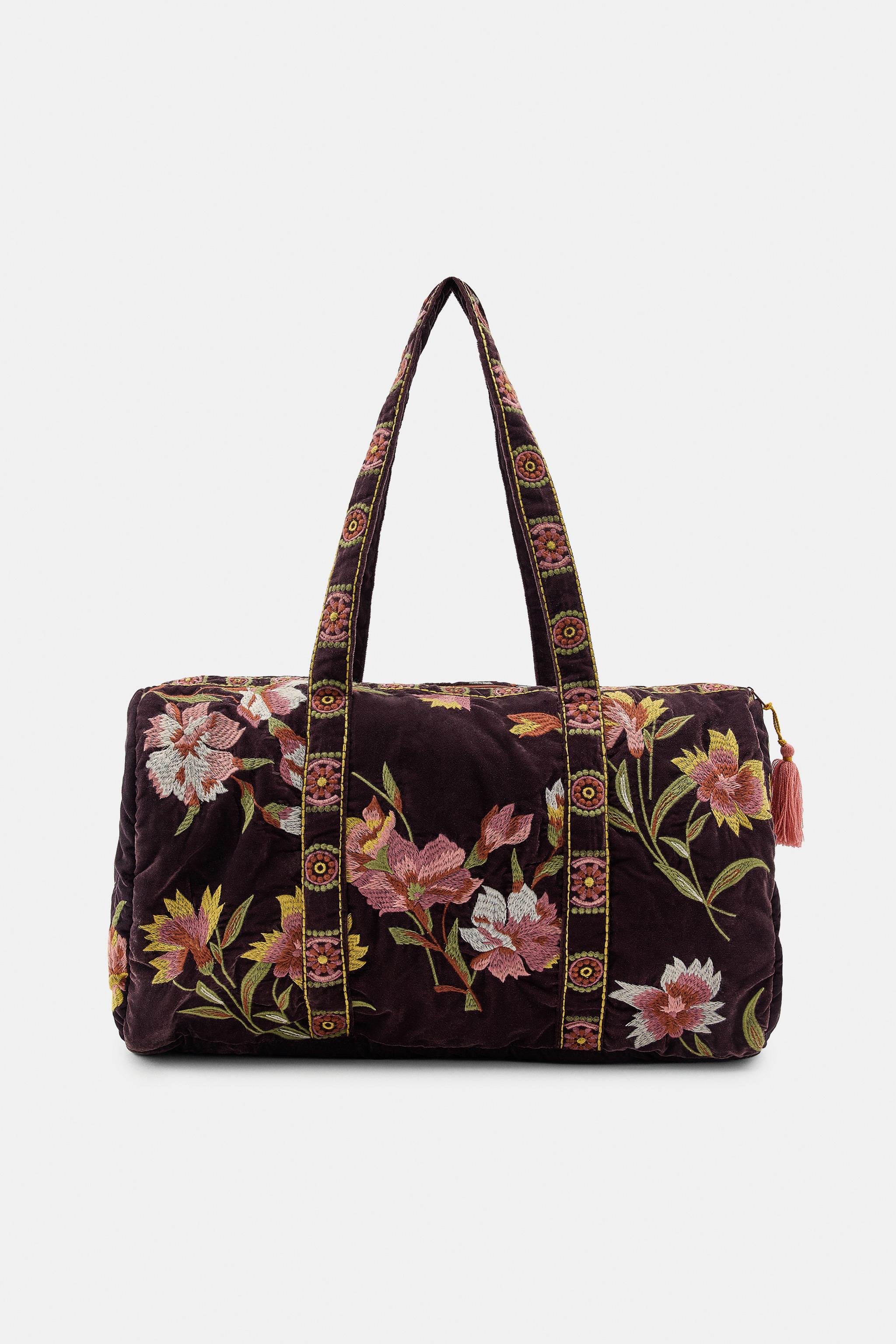 QUILTED VELVET BAG WITH EMBROIDERED FLOWERS